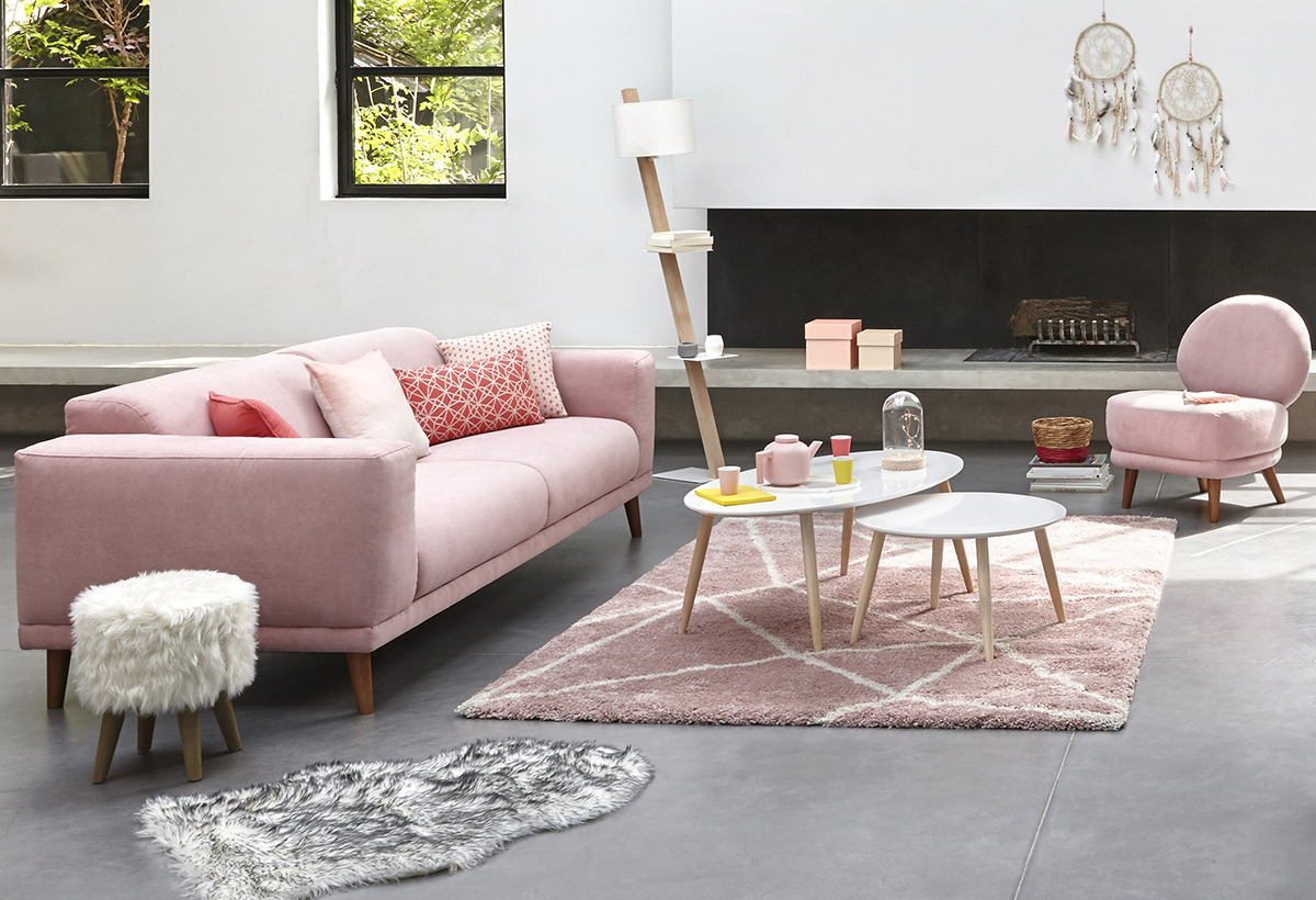 salon scandinave canapé rose