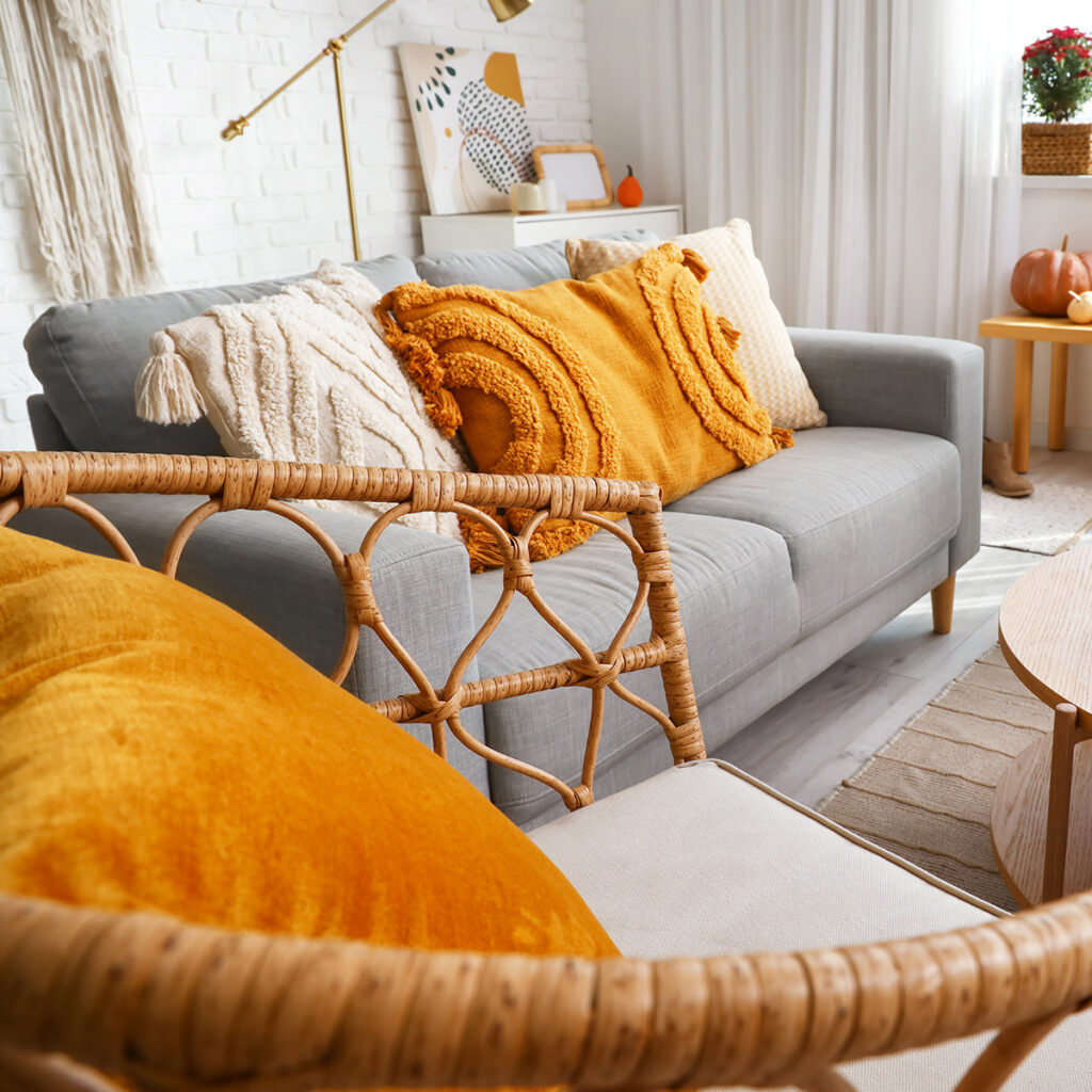 coussins orange canape gris salon automne