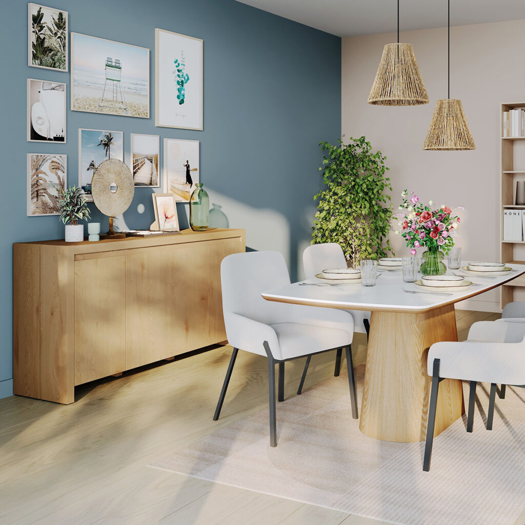 mur bleu meuble bois clair sejour