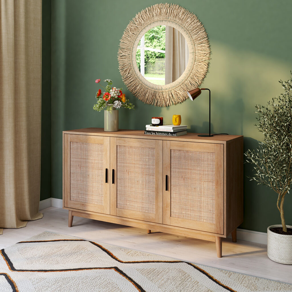 buffet bois clair mur verre